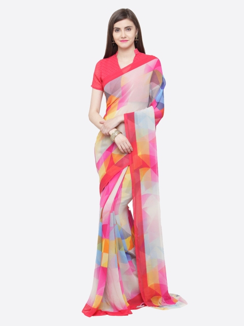 

Shaily Cream-Coloured & Pink Pure Georgette Printed Saree