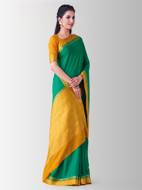 

MIMOSA Green Poly Crepe Solid Mysore Silk Saree