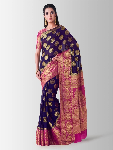 

MIMOSA Navy Blue & Pink Poly Chiffon Woven Design Kanjeevaram Saree