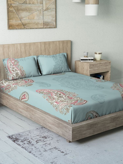 

DDecor Turquoise Blue & Red Ethnic Motifs 140 TC Cotton 1 Queen Bedsheet with 2 Pillow Covers