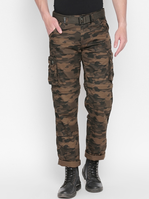 

beevee Men Olive Green & Beige Regular Fit Camouflage Printed Cargos