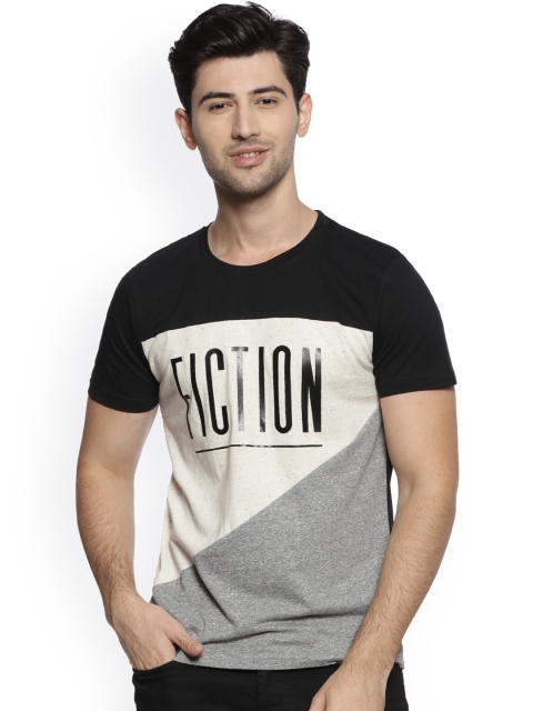 Campus Sutra Men Black & White Colourblocked Round Neck T-shirt