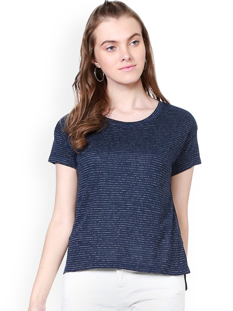 

People Women Navy Blue Striped Round Neck T-shirt