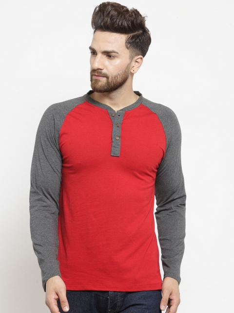 

Kalt Men Red & Grey Colourblocked Henley Neck T-shirt