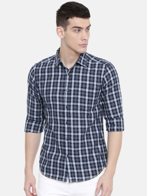 

IMYOUNG Men Blue Slim Fit Checked Casual Shirt
