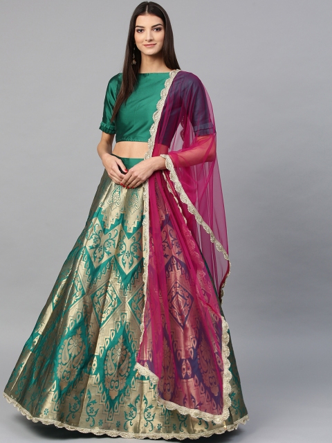 

Inddus Green & Pink Solid Semi-Stitched Lehenga & Unstitched Blouse with Dupatta