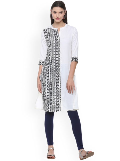

People Women White & Black Printed Straight Kurta