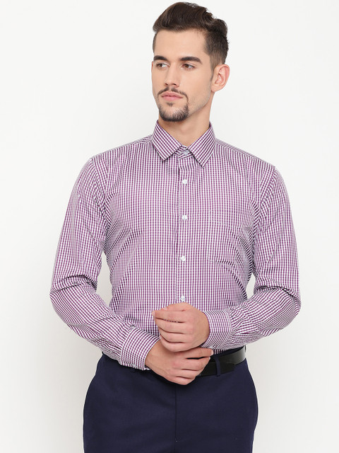 

English Navy Men Purple & White Slim Fit Checked Formal Shirt