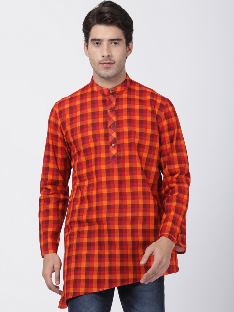 

VASTRAMAY Men Red & Orange Checked Straight Asymmetric Kurta