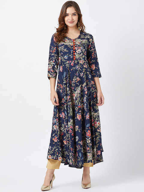 

Tissu Women Navy Blue Printed A-Line Kurta
