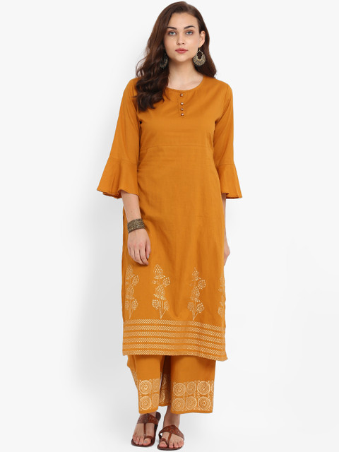 

Bhama Couture Women Mustard Yellow Solid Kurti with Palazzos