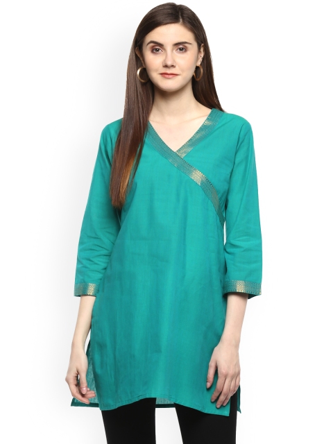 

Bhama Couture Women Sea Green Solid Wrap Pure Cotton Top