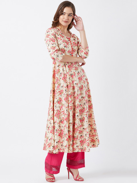 

Tissu Women Cream-Coloured & Pink Printed A-Line Kurta