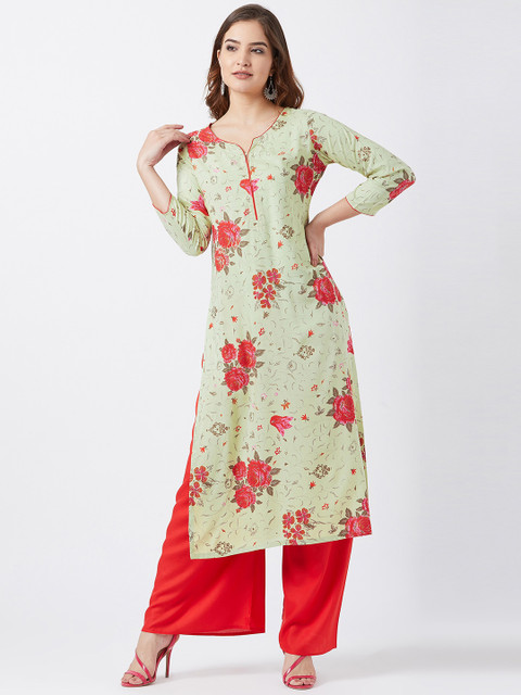 

Tissu Women Green & Red Printed Kurta with Palazzos