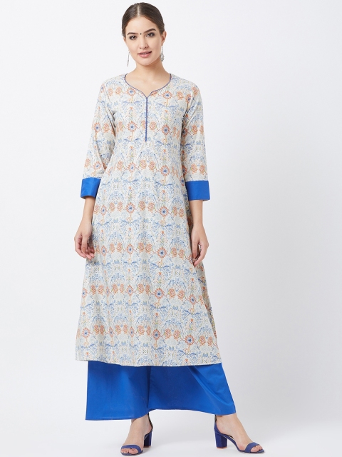 

Tissu Women Cream-Coloured & Blue Printed Kurta with Palazzos