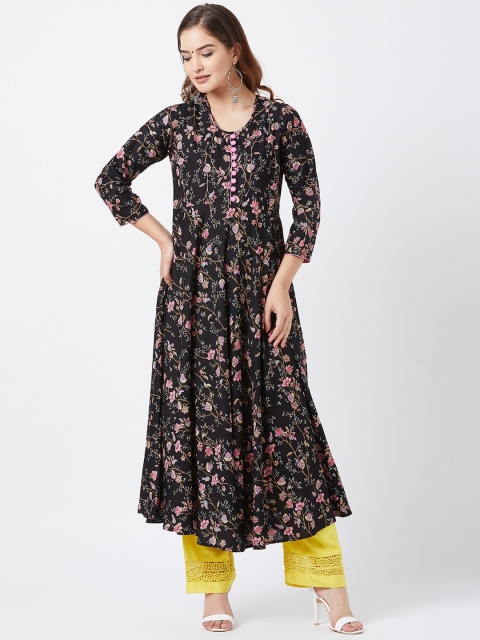 

Tissu Women Black & Pink Floral Print A-Line Kurta