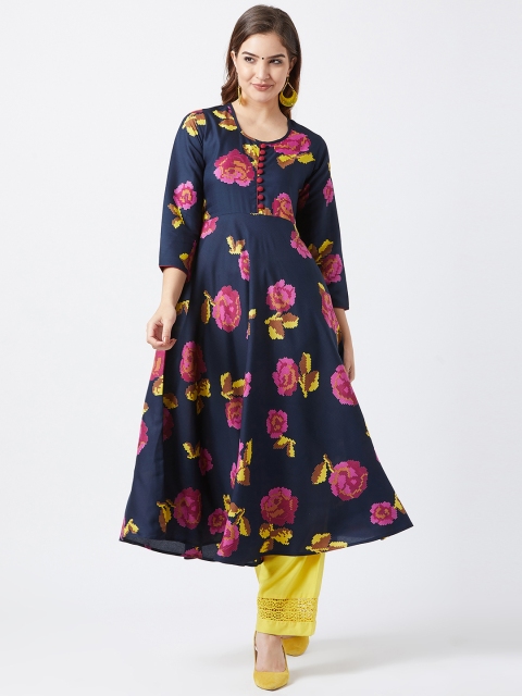 

Tissu Women Navy Blue & Pink Printed A-Line Kurta