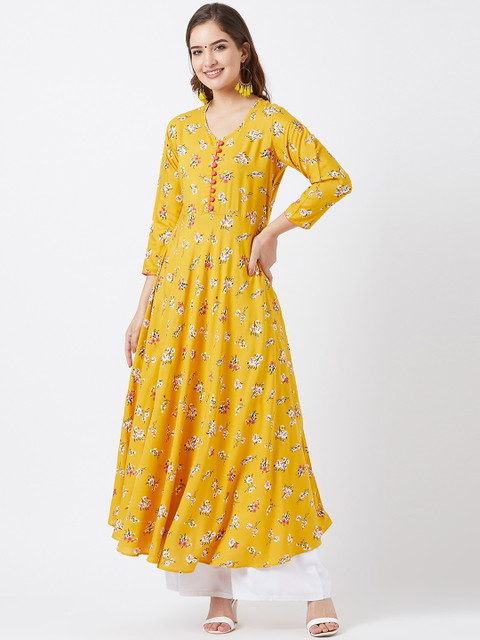 

Tissu Women Yellow Printed A-Line Kurta