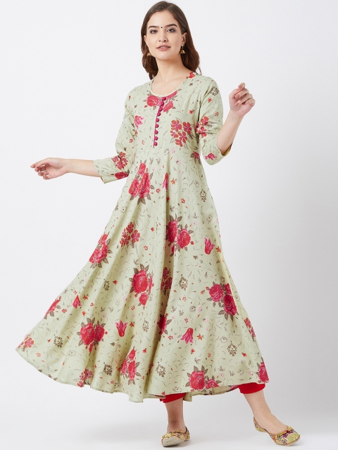 

Tissu Women Green & Pink Floral Printed A-Line Kurta