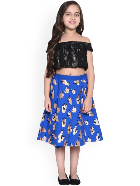 

WONDERMOM Girls Black & Blue Self Design Top with Skirt