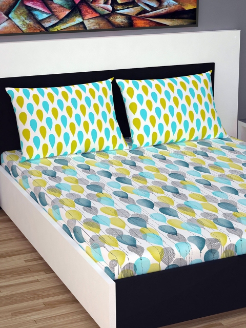 

Divine Casa Yellow & Turquoise Blue Floral 144 TC Cotton 1 Queen Bedsheet with 2 Pillow Covers