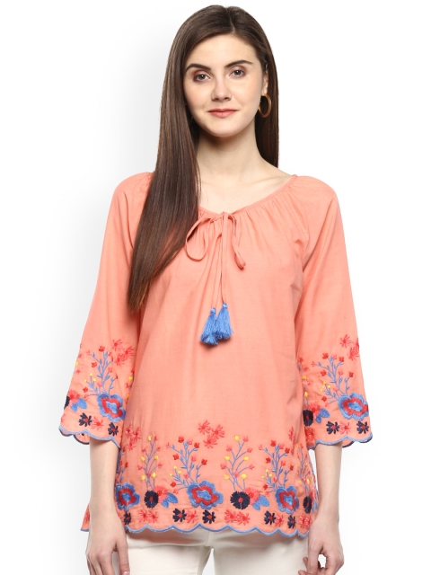 

Bhama Couture Women Peach-Coloured Pure Cotton Embellished A-Line Top