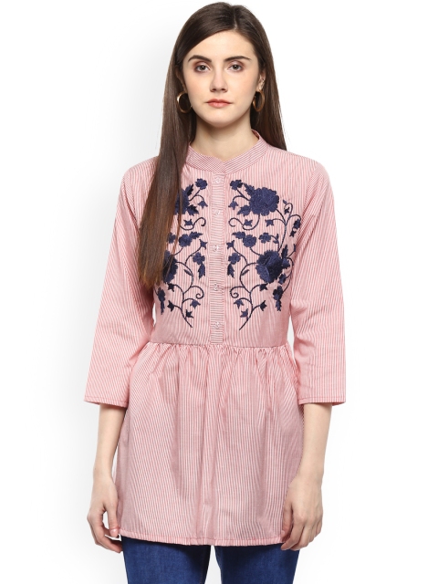

Bhama Couture Women Pink Candy Striped Floral Detail Shirt Style Pure Cotton Top