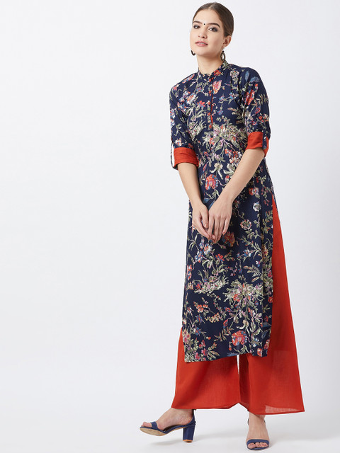 

Tissu Women Navy Blue & Red Printed Kurta with Palazzos