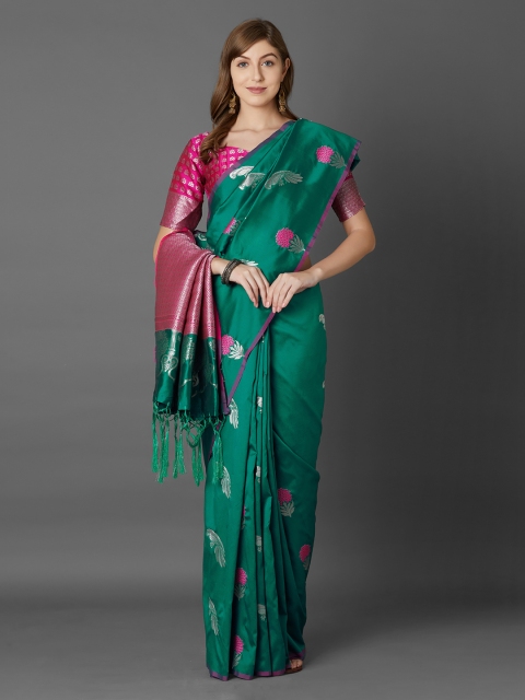 

Mitera Teal Blue & Green Silk Blend Woven Design Banarasi Saree