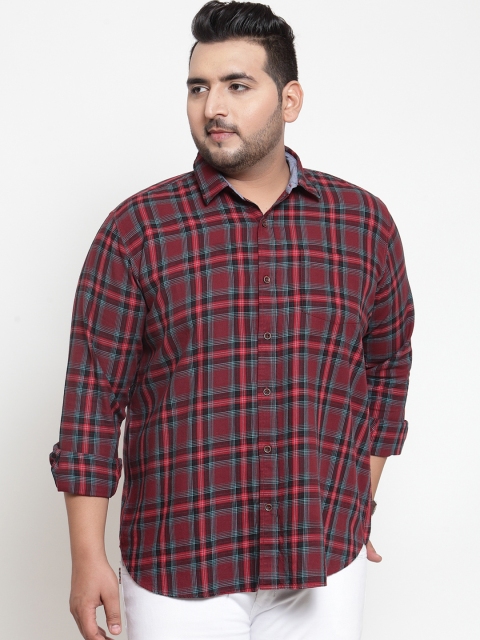 

plusS Men Maroon & Black Regular Fit Checked Cotton Casual Shirt