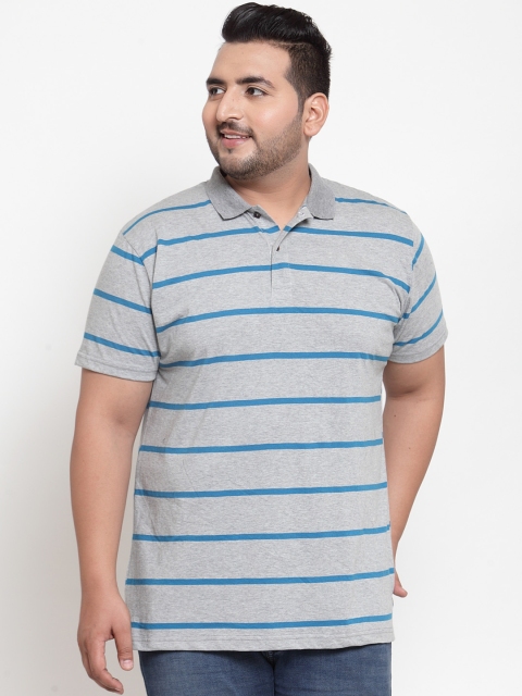 

plusS Men Grey Striped Polo Collar T-shirt