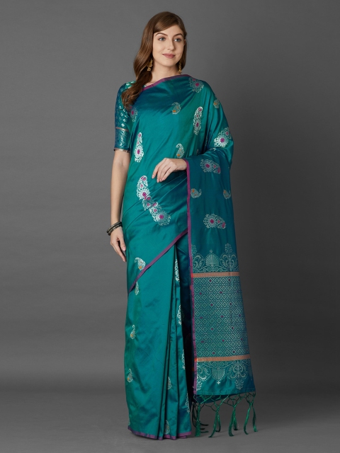 

Mitera Teal Green & Blue Silk Blend Woven Design Banarasi Saree