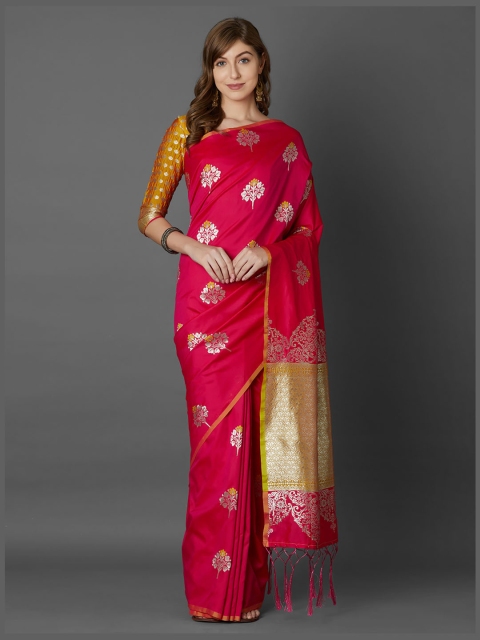 

Mitera Pink & Mustard Yellow Silk Blend Woven Design Banarasi Saree
