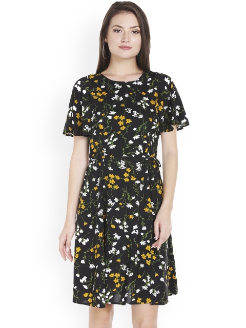 

109F Women Black & Yellow Fit and Flare Dress