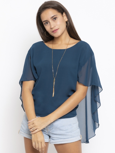 

Iti Women Teal Bue Solid Cape Top