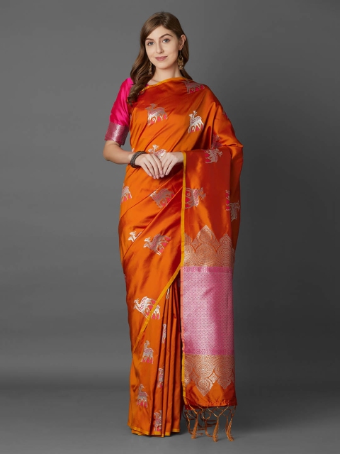 

Mitera Pink & Orange Silk Blend Woven Design Banarasi Saree