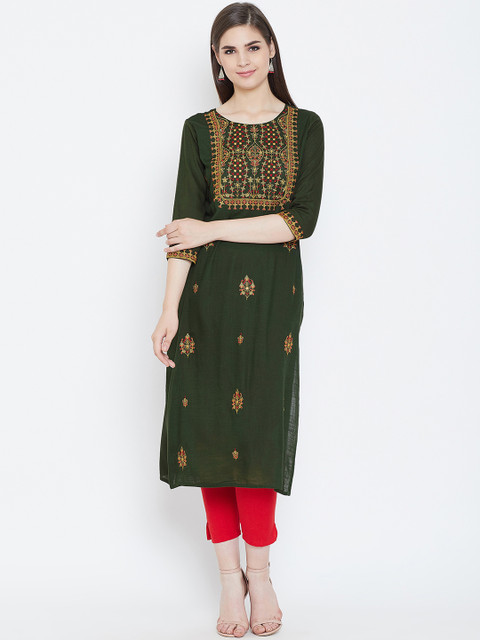 

Prakhya Women Green Embroidered Straight Kurta