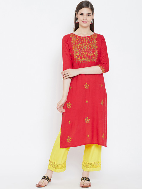 

Prakhya Women Red Embroidered Straight Kurta
