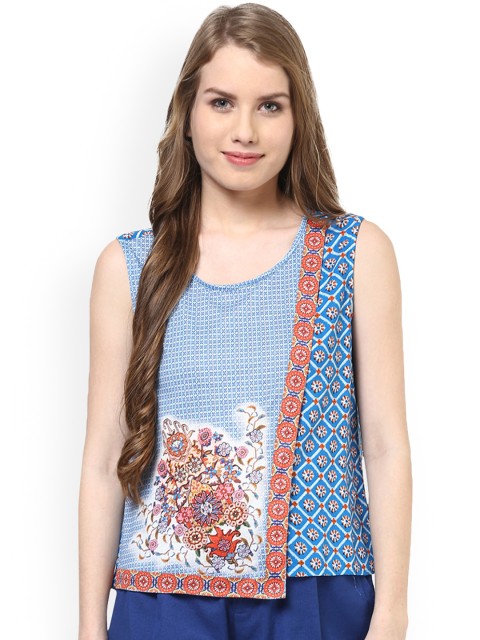

109F Women Navy Blue Printed A-Line Pure Cotton Top