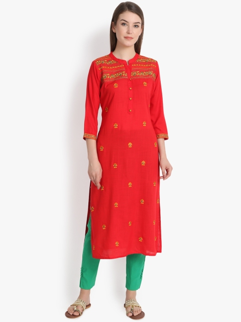 Prakhya Women Red Embroidered Straight Kurta