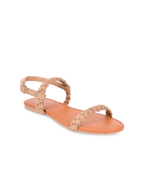 

GNIST Women Beige Woven Design Suede Open Toe Flats