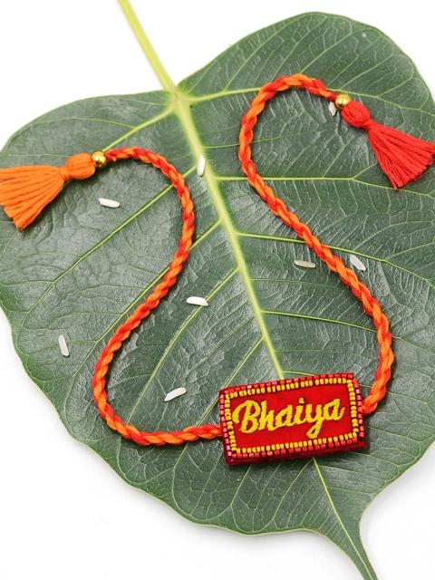 

Krafted With Happiness Unisex Red & Orange Bhaiya Embroidered Rakhi