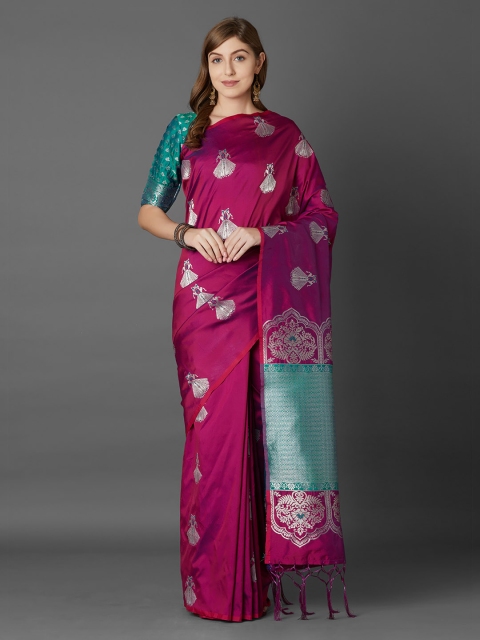

Mitera Magenta & Turquoise Blue Silk Blend Woven Design Banarasi Saree