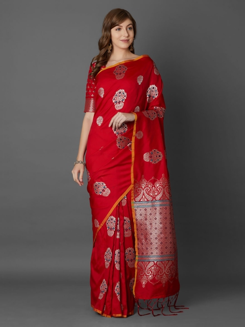 

Mitera Red & Silver-Coloured Silk Blend Woven Design Banarasi Saree