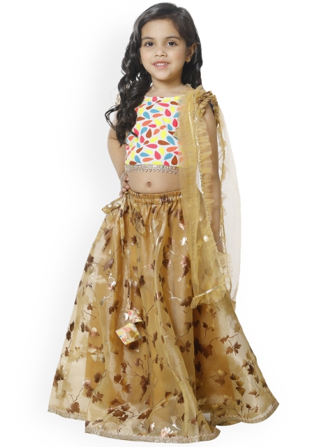 

LilPicks Girls Gold-Coloured & White Printed Ready to Wear Lehenga & Blouse with Dupatta