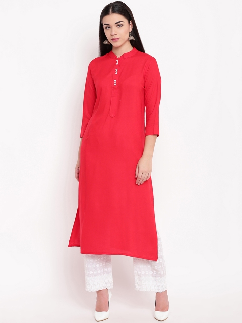 

FABNEST Women Red Solid Straight Kurta