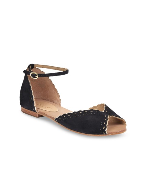 

Saint G Women Black Solid Leather Open Toe Flats