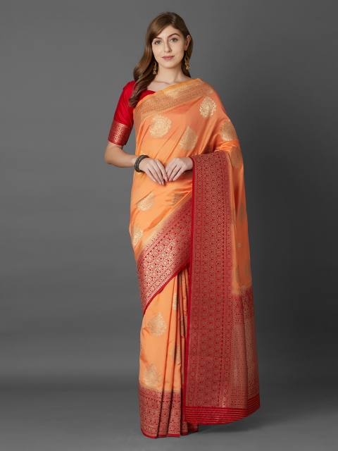 

Mitera Peach-Coloured & Red Silk Blend Woven Design Banarasi Saree