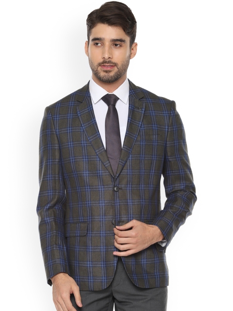 

Van Heusen Men Grey & Olive Green Linen Checked Blazer