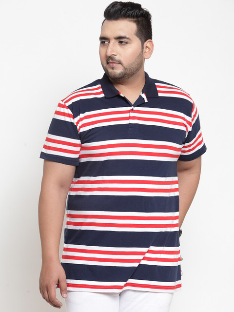 

plusS Men Blue Striped Polo Collar T-shirt